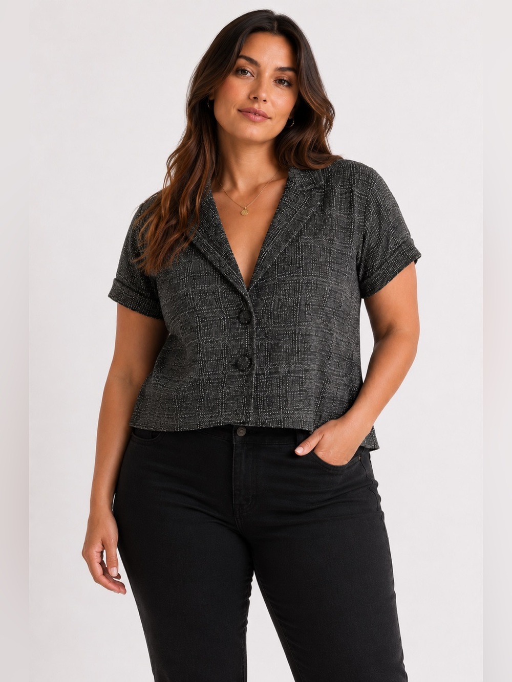 Reitmans Plus Short-Sleeve Grey Plaid Blazer – Size 16 plus